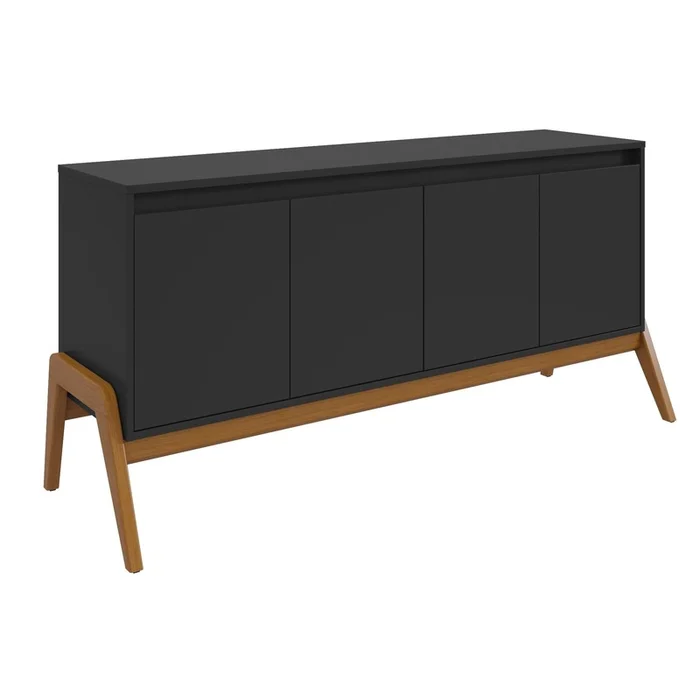 Manhattan Comfort Mid-Century Modern Gales 63.32 Sideboard with Solid Wood Legs – Matte Black|Desserte moderne du milieu du 20esicle Gales de ManhattanComfort de 63,32po avec pattes en bois massif – noir mat
