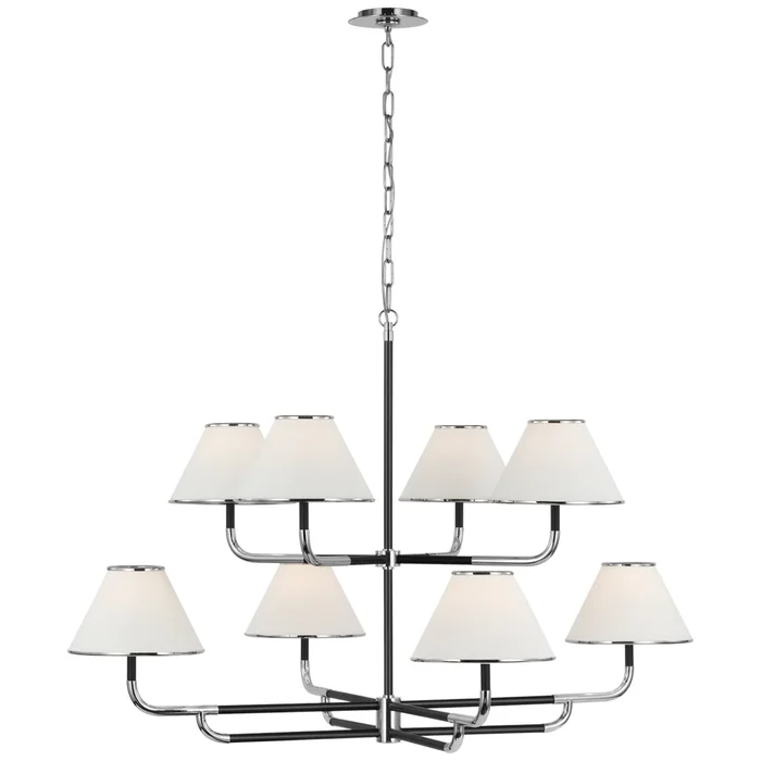Marie Flanigan Rigby Grande Two-Tier Chandelier in Polished Nickel and Ebony with Linen Shade Ceiling Light W48.75″ x H32″