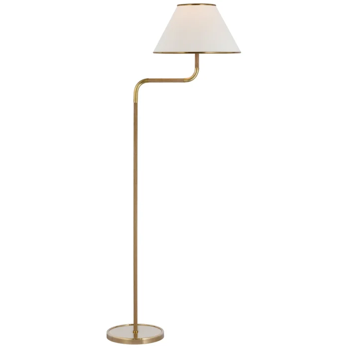 Marie Flanigan Rigby Medium Bridge Arm Floor Lamp in Soft Brass and Natural Oak with Linen Shade W14″ x H54.25″