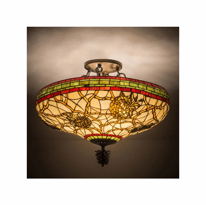 Meyda Custom 139874 Burgundy Pinecone 24 Inch Diameter Tiffany Semi Flush Lighting Fixture
