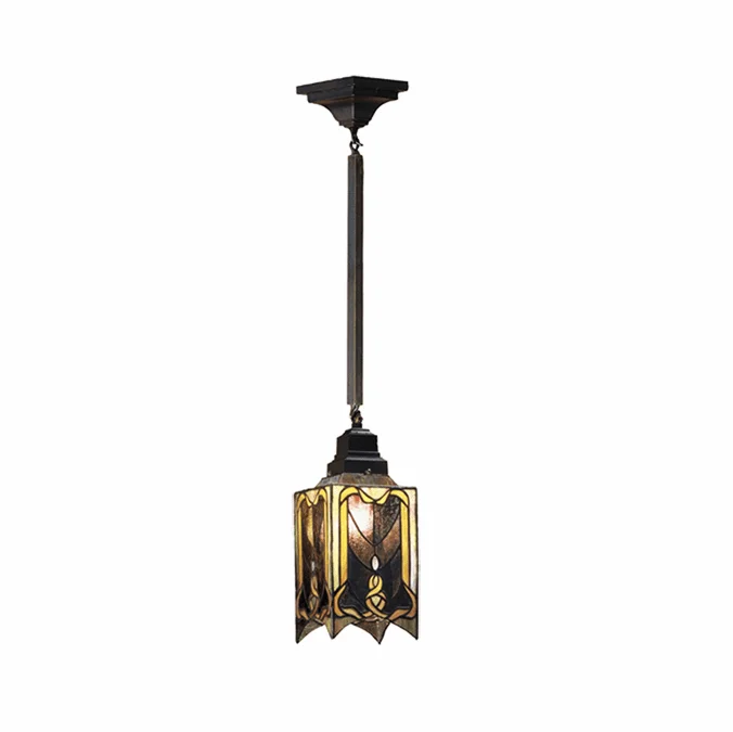 Meyda Lighting 29333 Cottage Mission Mahogany Bronze 5 Inch Diameter Tiffany Art Glass Mini Pendant Light