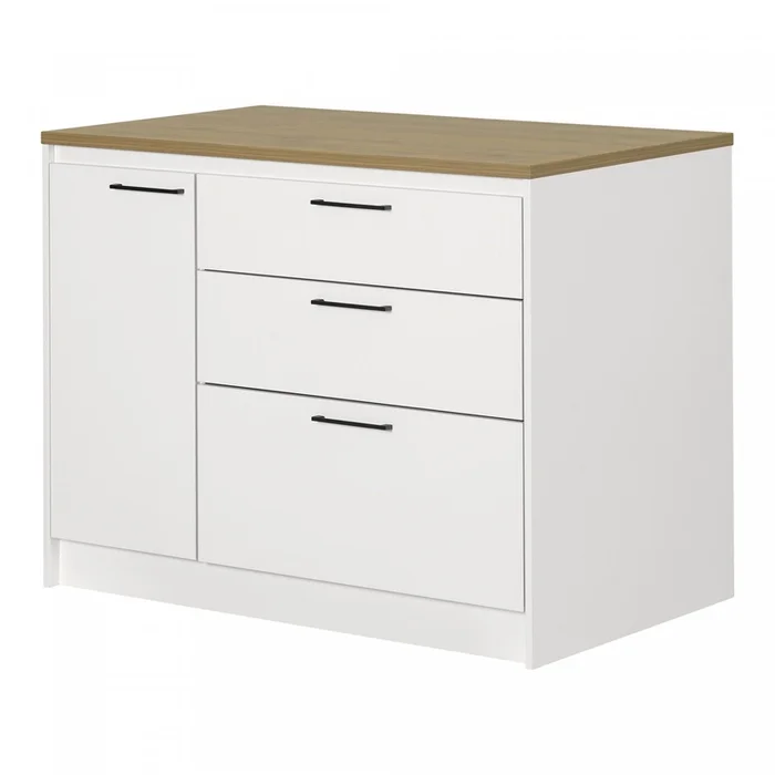 Myro Kitchen Island With Door And Drawers – White And Maple Nutmeg | Myro Ilot De Cuisine Avec Porte Et Tiroirs – Blanc Et Erable Noix De Muscade