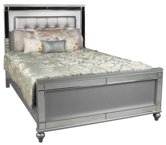 New Classic Furniture Valentino Queen Upholstered Lighted Bed in Silver PROMO