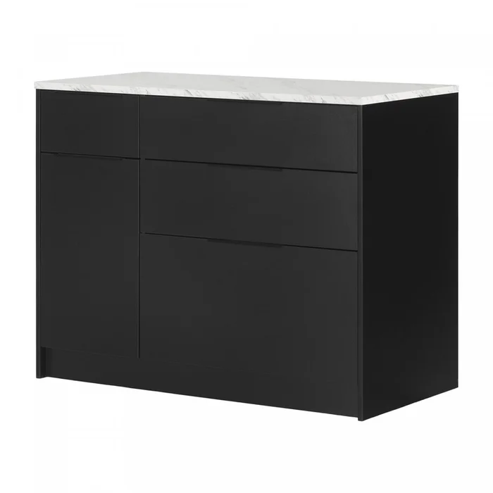 Olio Kitchen Island With Door And Drawers – Matte Black And Faux White Marble | Olio Ilot De Cuisine Avec Porte Et Tiroirs – Noir Mat Et Faux Marbre Blanc