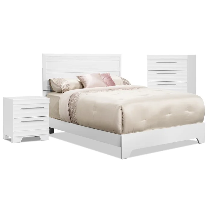 Olivia 5-Piece Queen Bedroom Package with Chest and Nightstand White|Ens. de chambre coucher Olivia 5 pcs avec grand lit, commode verticale et table de nuit – blanc