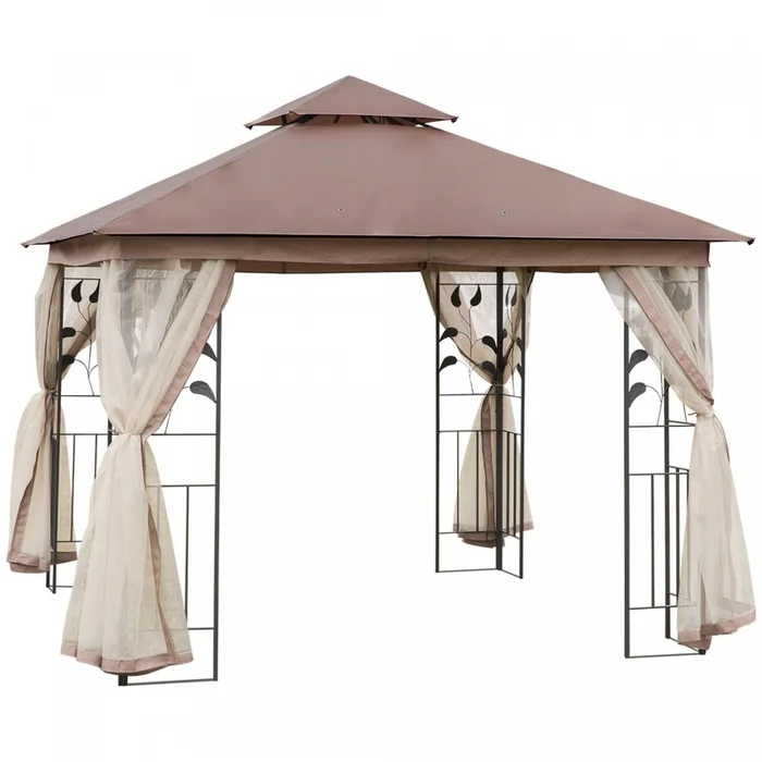 Outsunny 10’x10′ Gazebo Canopy Outdoor Patio Sun Shelter Uv Protect W/ 2-tier Polyester Roof Curtain|Outsunny 10′ X 10′ Gazebo De Terrasse Exterieure Avec Toit En Polyester A 2 Niveaux, Parois Laterale