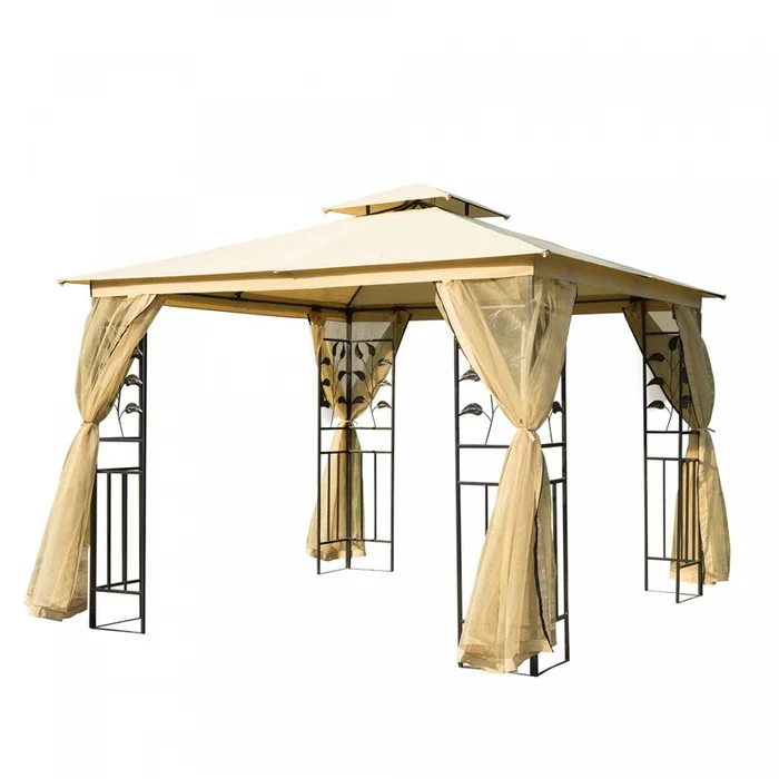 Outsunny 10’x10′ Gazebo Canopy Outdoor Patio Sun Shelter Uv Protect W/ 2-tier Polyester Roof Curtain|Outsunny 10’x10′ Gazebo Canopee Abri Soleil Pour Terrasse Exterieure Canopee Avec Protection Uv Prot