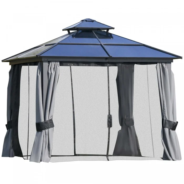 Outsunny 10′ X 10′ Hardtop Gazebo Canopy With Polycarbonate Double Roof, Aluminum Frame, Permanent P|Outsunny 10′ X 10′ Pavillon D’exterieur A Toit Rigide En Polycarbonate Avec Toit A Deux Niveaux, Cad