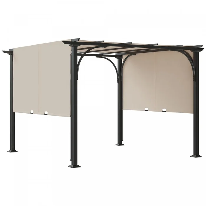 Outsunny 10′ X 10′ Outdoor Pergola Patio Gazebo Retractable Canopy, Beige|Outsunny 10′ X 10′ Pergola Patio Gazebo Abri Solaire A Auvent Retractable Avec Structure Metal Beige