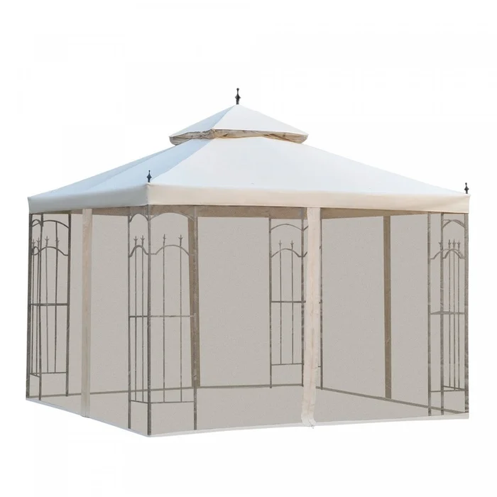Outsunny 10′ X 10′ Steel Outdoor Patio Gazebo Canopy With Removable Mesh Curtains, Display Shelves, |Outsunny 10x10pi Tonnelle De Jardin Double Toit Exterieur Auvent Terrasse Evenement Fete Tente Arrie