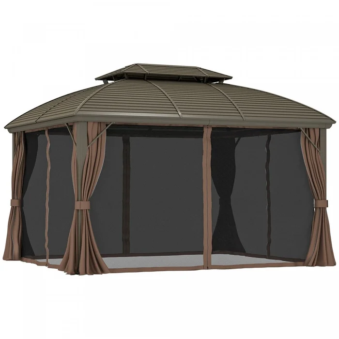 Outsunny 10′ X 12′ Metal Roof Hardtop Gazebo W/ Curtains & Netting, Coffee