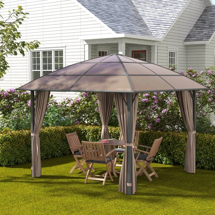 Outsunny 10 X 10ft Hardtop Gazebo Withuv60+ Polycarbonate Roof & Curtains|Outsunny Tonnelle A Toit Rigide 10 X 10 Pi En Polycarbonate Uv60+, Kaki - Image 2
