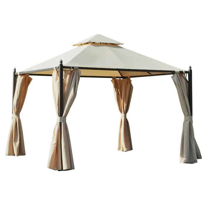 Outsunny 10x10ft Patio Gazebo Canopy Double-tire Garden Shelter Outdoor Sun Shade With Curtains, Bei|Outsunny 10x10pi Gazebo Canopee Abri De Jardin A Double Pneu Avec Rideaux Beige