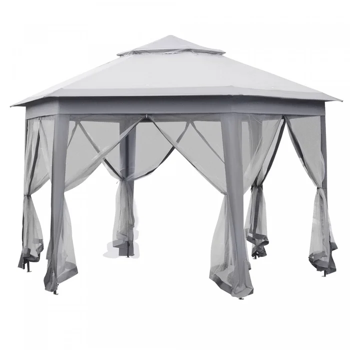 Outsunny 13′ X 13′ Pop Up Canopy Tent With Netting And Carry Bag, Instant Sun Shelter, Hexagon Tents|Outsunny Tonnelle Barnum De Jardin Hexagone Pliant Double Toit Metal Polyester Moustiquaires Gris