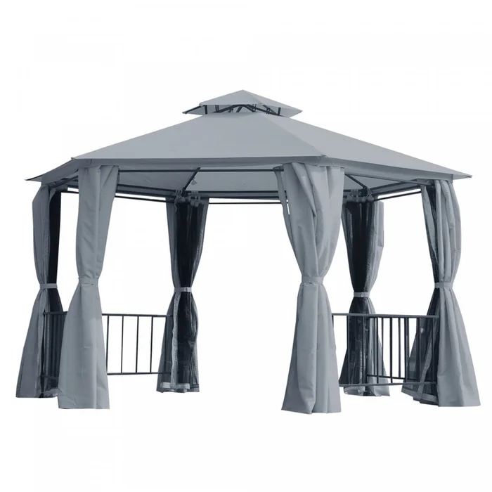 Outsunny 13ft Hexagon Gazebo Outdoor Canopy Shelter With Netting And Shaded Curtains Grey|Outsunny Hexagon Gazebo 13ft Outdoor Canopy Shelter Avec Filet Et Rideaux D’ombrage Gris