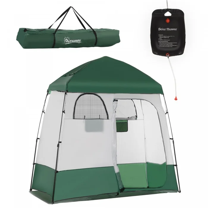 Outsunny Two Room Pop Up Shower Tent W/ Shower Bag, Floor, Carry Bag, Green