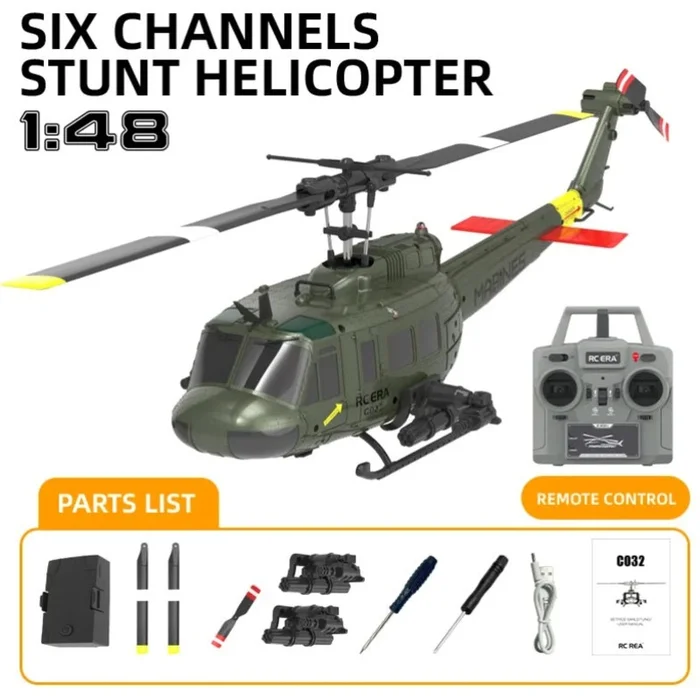 RC ERA C032 UH-1 Huey 1/48 Scale RC Helicopter 2.4G 6CH 6-Axis Gyro Altitude Hold Optical Flow & TOF Positioning Flybarless RTF
