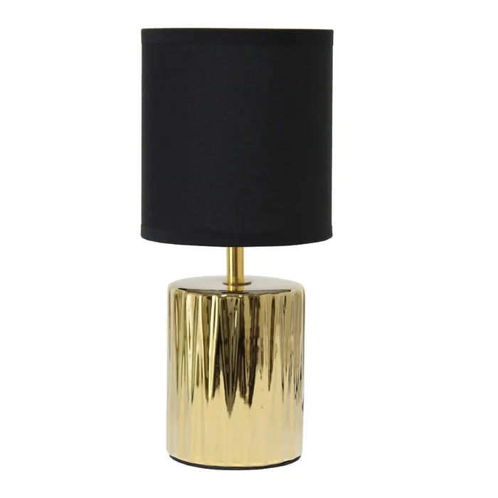 Simple Designs 11.61 Contemporary Ruffled Capsule Table Lamp with Black Drum Fabric Shade – Metallic Gold|Lampe de table contemporaine de SimpleDesigns de 11,61po avec base effet fronc et abat-jour cylindrique en tissu noir – or mtallique