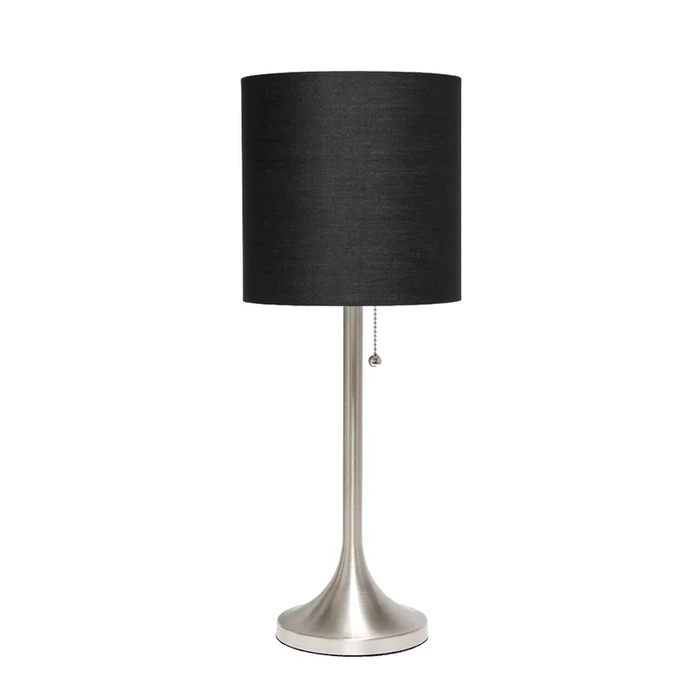 Simple Designs Tapered Table Lamp with Black Fabric Drum Shade – Brushed Nickel|Lampe de table effile de SimpleDesigns avec abat-jour cylindrique en tissu noir – nickel bross
