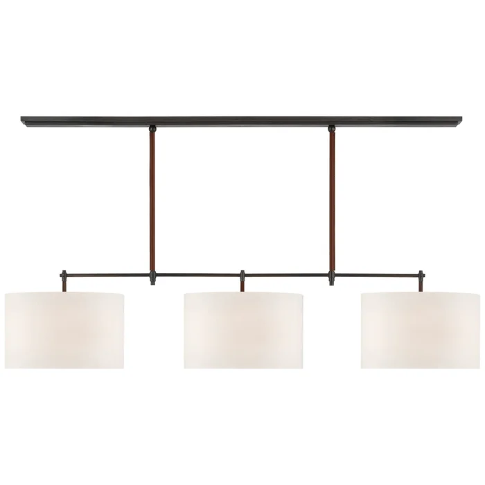 Thomas O’Brien Bryant Large Wrapped Billiard in Bronze and Saddle Leather with Linen Shades Ceiling Light W64.25″ x 16″