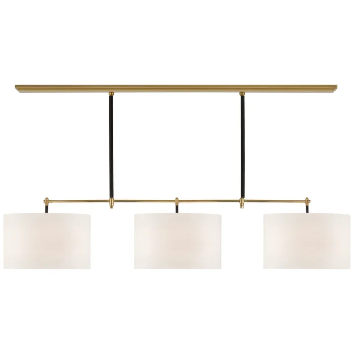 Thomas O’Brien Bryant Large Wrapped Billiard in Hand-Rubbed Antique Brass and Chocolate Leather with Linen Shades Ceiling Light W64.25″ x 16″