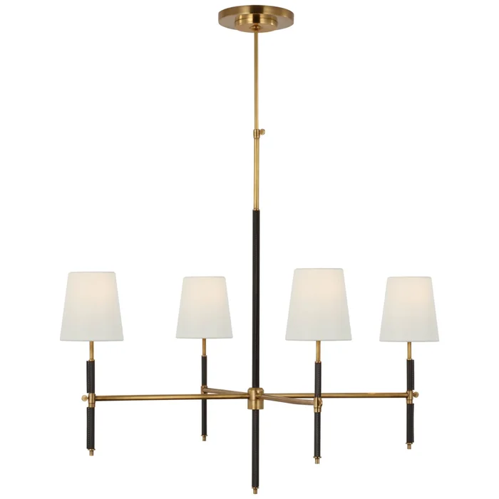 Thomas O’Brien Bryant Large Wrapped Chandelier in Hand-Rubbed Antique Brass and Chocolate Leather with Linen Shades Ceiling Light W36″