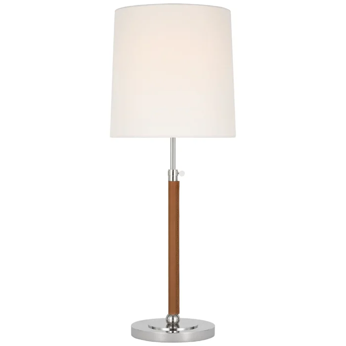 Thomas O’Brien Bryant Large Wrapped Table Lamp in Polished Nickel and Natural Leather with Linen Shade W12″ x H27.5″ – 31.5″