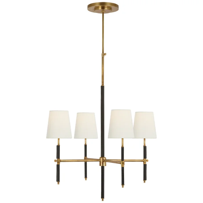 Thomas O’Brien Bryant Small Wrapped Chandelier in Hand-Rubbed Antique Brass and Chocolate Leather with Linen Shades Ceiling Light W26″