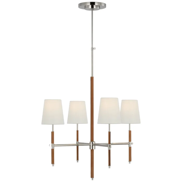 Thomas O’Brien Bryant Small Wrapped Chandelier in Polished Nickel and Natural Leather with Linen Shades Ceiling Light W26″