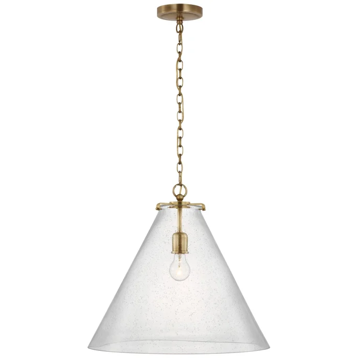 Thomas O’Brien Katie Large Conical Pendant in Hand-Rubbed Antique Brass with Seeded Glass Ceiling Light W20″ x H18.25″