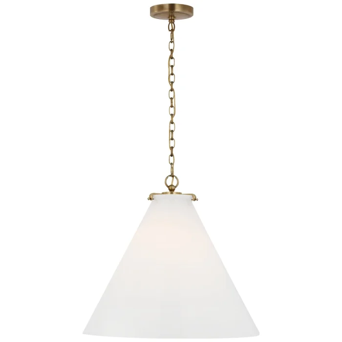 Thomas O’Brien Katie Large Conical Pendant in Hand-Rubbed Antique Brass with White Glass Ceiling Light W20″ x H18.25″
