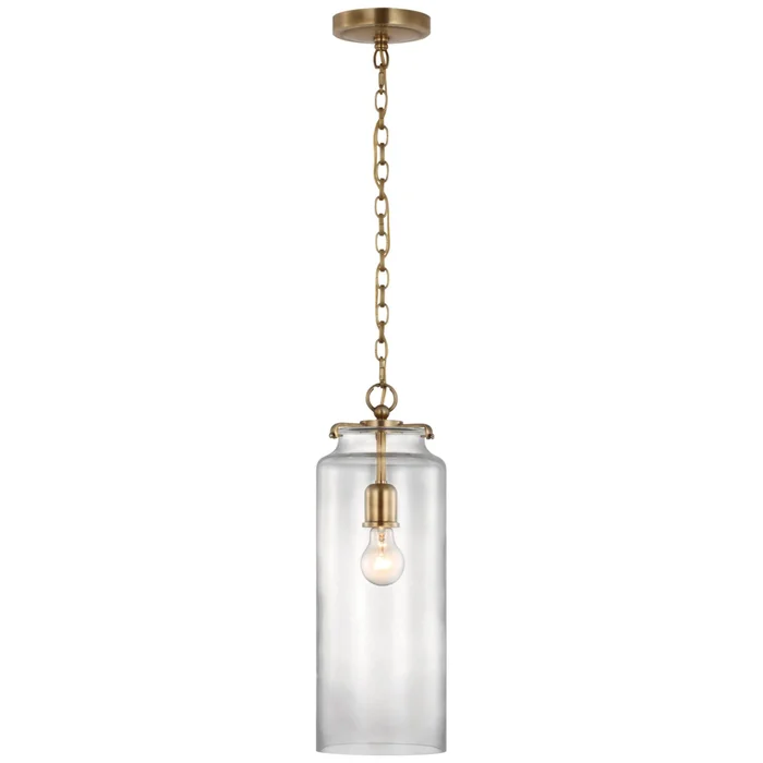 Thomas O’Brien Katie Large Cylinder Pendant in Hand-Rubbed Antique Brass with Clear Glass Ceiling Light W7″ x H19.5″