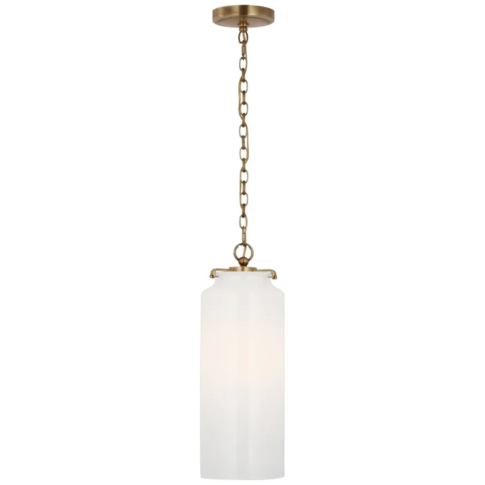 Thomas O’Brien Katie Large Cylinder Pendant in Hand-Rubbed Antique Brass with White Glass Ceiling Light W7″ x H19.5″