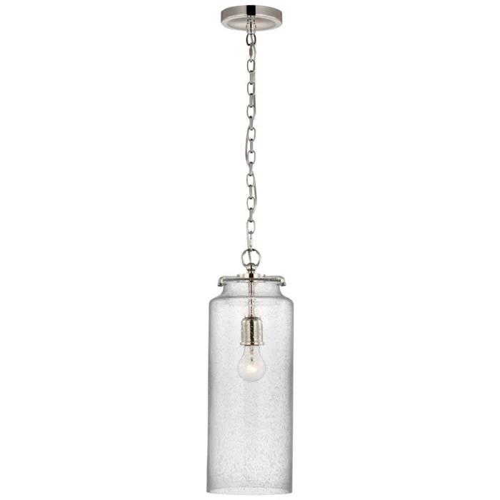 Thomas O’Brien Katie Large Cylinder Pendant in Polished Nickel with Seeded Glass Ceiling Light W7″ x H19.5″
