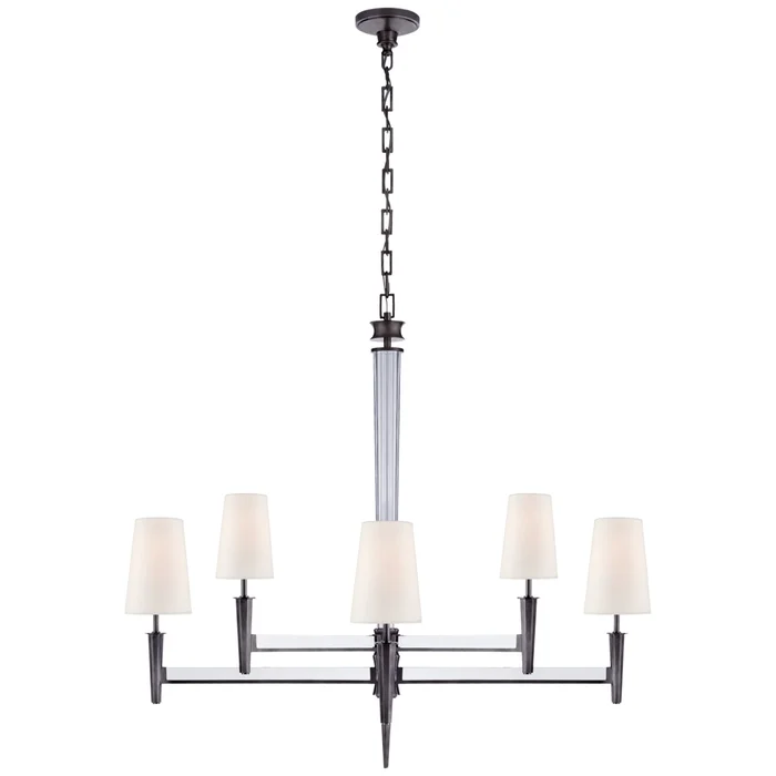 Thomas O’Brien Lyra Two Tier Chandelier in Bronze and Crystal with Linen Shades Ceiling Light W42.5″ x H39″