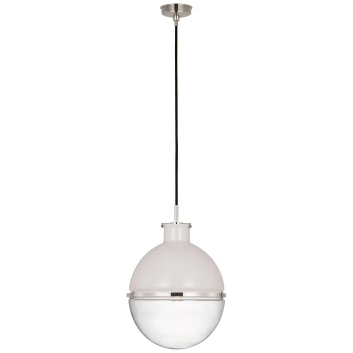 Thomas O’Brien Maxey 14″ Globe Pendant in Polished Nickel with White Glass and Clear Glass Ceiling Light W13.5″