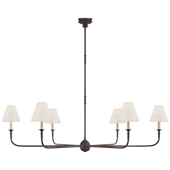Thomas O’Brien Piaf Grande Chandelier in Aged Iron and Ebonized Oak with Linen Shades Ceiling Light W58″