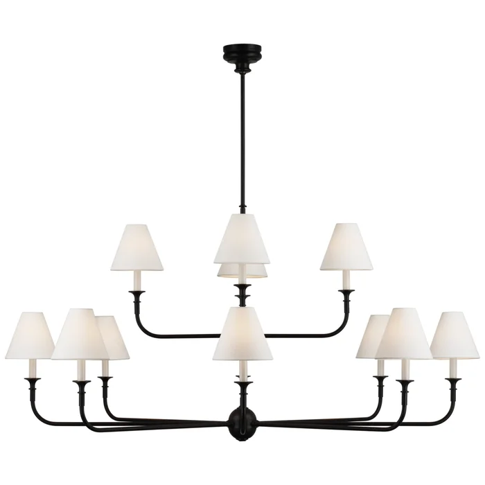 Thomas O’Brien Piaf Grande Two-Tier Chandelier in Aged Iron and Ebonized Oak with Linen Shades Ceiling Light W58″
