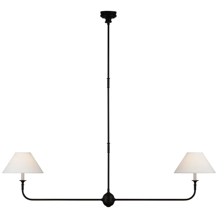 Thomas O’Brien Piaf Large Two Light Linear Pendant in Aged Iron and Ebonized Oak with Linen Shades Ceiling Light W62″ x 12″