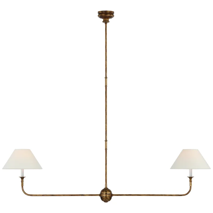 Thomas O’Brien Piaf Large Two Light Linear Pendant in Antique Gild with Linen Shades Ceiling Light W62″ x 12″