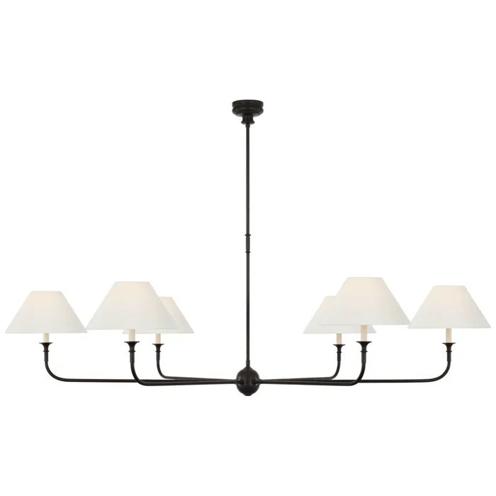 Thomas O’Brien Piaf Oversized Chandelier in Aged Iron and Ebonized Oak with Linen Shades Ceiling Light W72″