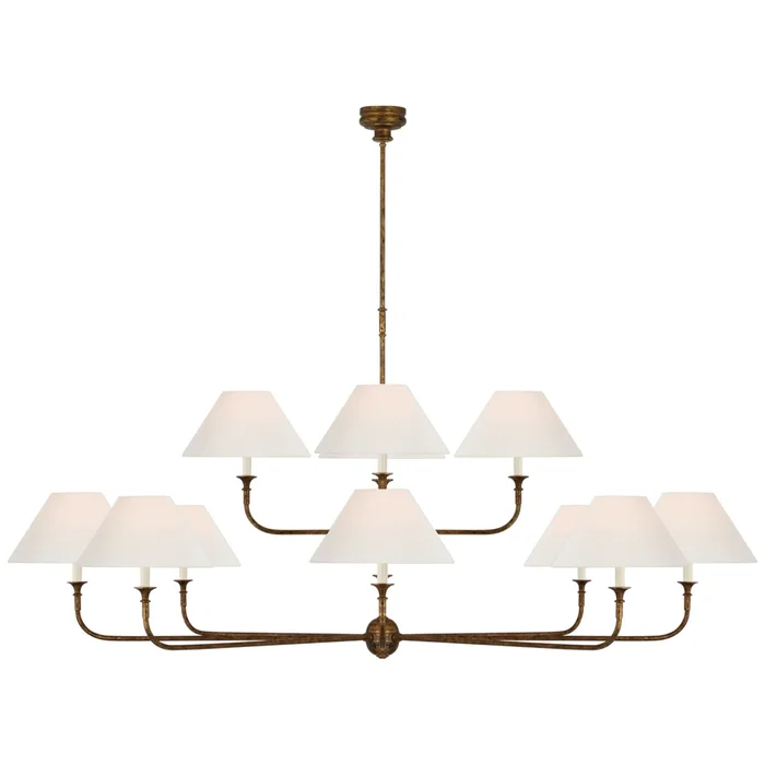 Thomas O’Brien Piaf Oversized Two Tier Chandelier in Antique Gild with Linen Shades Ceiling Light W72″