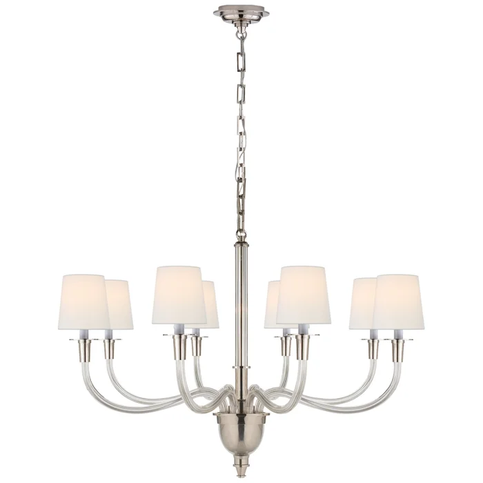 Thomas O’Brien Vivian Large One-Tier Chandelier in Polished Nickel with Linen Shades Ceiling Light W36″ x H25″