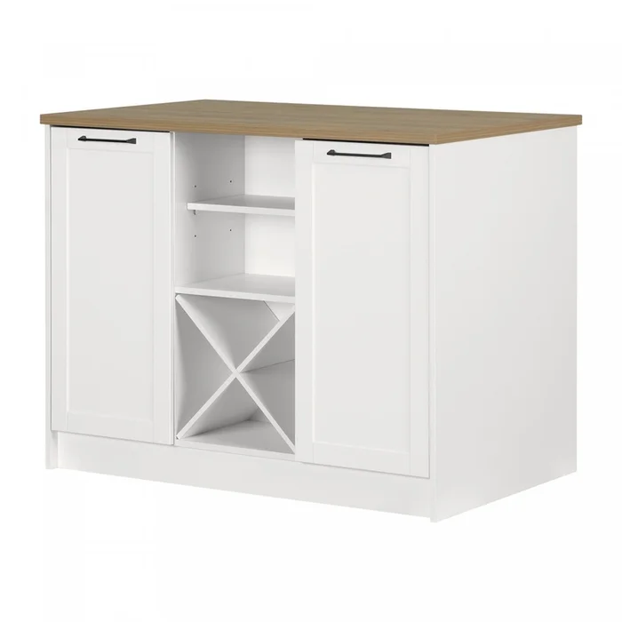 Toscano 6-drawer Kitchen Island With Doors And Wine Storage – White And Maple Nutmeg | Toscano Ilot De Cuisine 6 Tiroirs Avec Portes Et Rangement A Vin – Blanc Et Erable Noix De Muscade