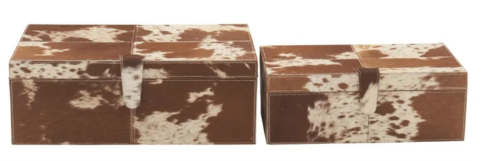 UMA Brown Leather Handmade Cowhide Decorative Box with Snap Front Closure and Detailed Stitching, Set of 2 17″, 14″W | 95931
