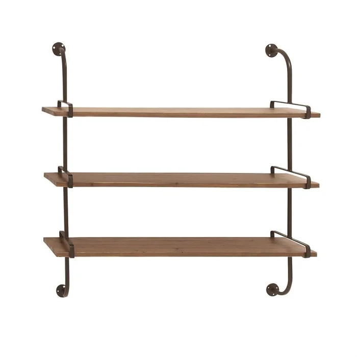 UMA Brown Wood 3 Shelf Room Wall Shelf with Black Metal Brackets, 38″ x 9″ x 38″ | 58616