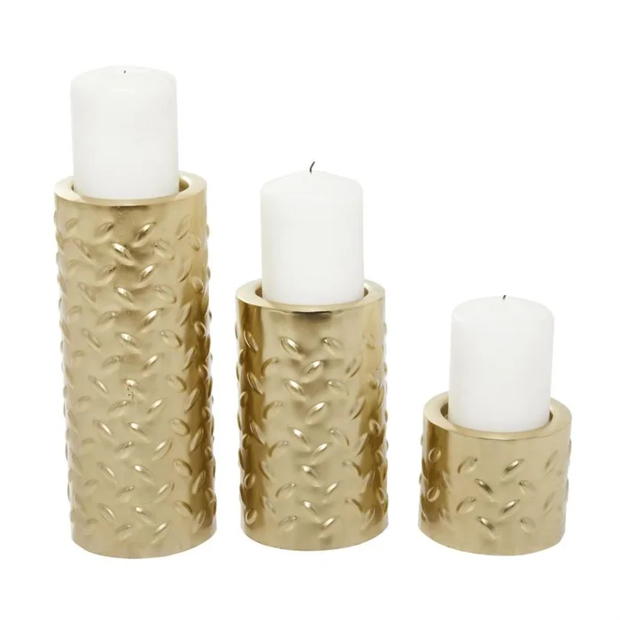 UMA Gold Metal Pillar Decorative Candle Holder with Studs, Set of 3 11″, 7″, 4″H | 70271 CLOSEOUT