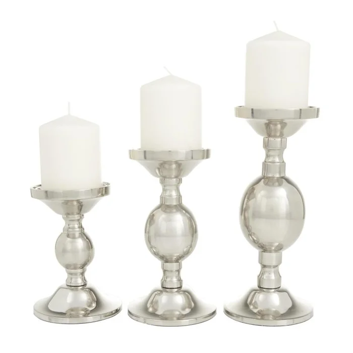UMA Silver Aluminum Metal Pillar Decorative Candle Holder, Set of 3 10″, 8″, 6″H | 23549