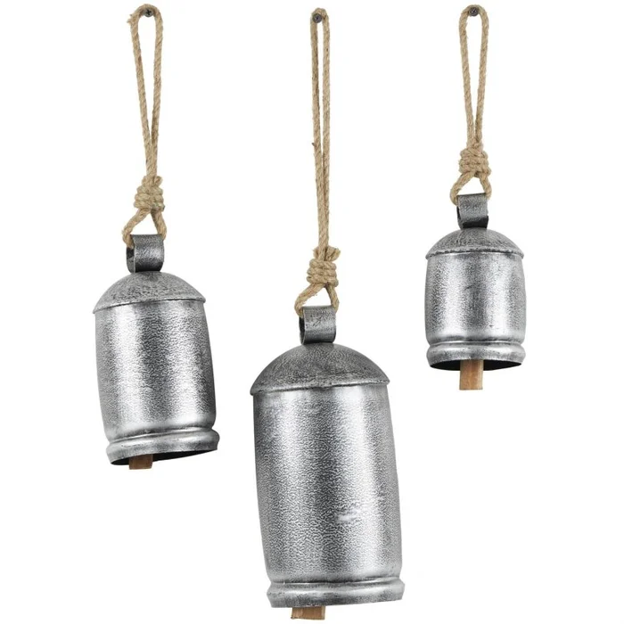 UMA Silver Metal Tibetan Inspired Indoor Outdoor Decorative Cow Bells with Jute Hanging Rope, Set of 3 10″,8″,6″H | 27325