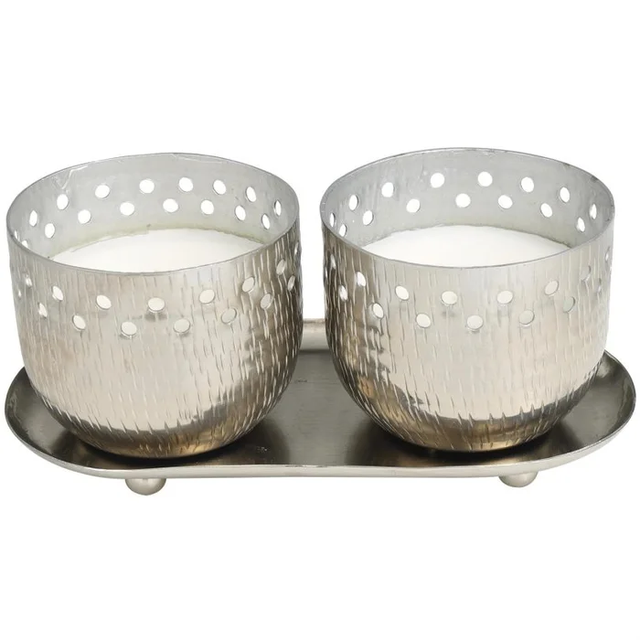 UMA Silver Metal Vanilla Marshmallow Scented Cutout Spotted Double 7 oz 1 Wick Decorative Candle with White Wax and Tray, 8″ x 4″ x 4″ | 60591 CLOSEOUT